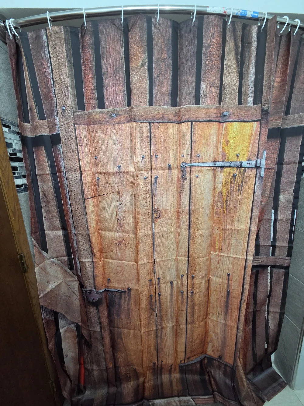 Extra long Wood Plank Printed Shower Curtain - Rustic Barn Door Design